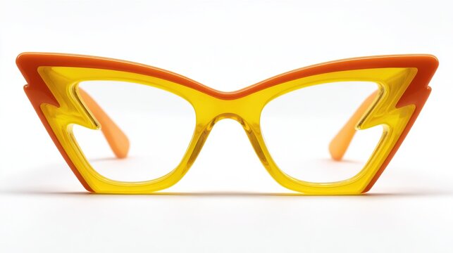 Bold, retro eyeglasses with a distinctive, layered lightning bolt frame in vibrant orange and yellow hues - Powered by Adobe