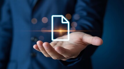 A digital document hovers serenely above a welcoming hand symbolizing ease of access and security with a soft glow and