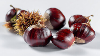 Shiny chestnuts with spiky husks on white background