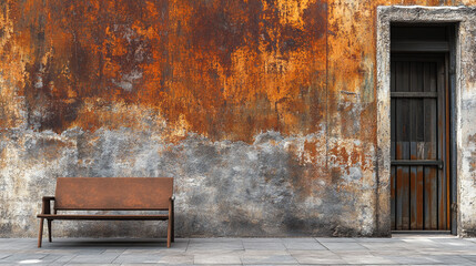 Rusty wall weathered door and metal bench