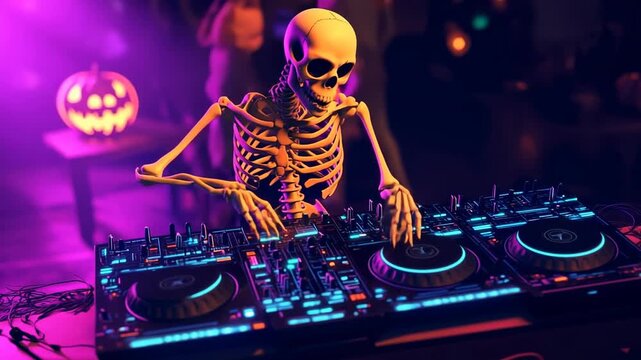 Funny skeleton DJ mixing music on glowing turntable at Halloween party with neon lights and pumpkin decor