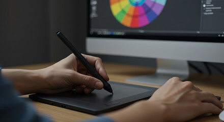 Hands of a graphic designer working on a computer using a pen tablet and stylus, creating digital art or illustration.