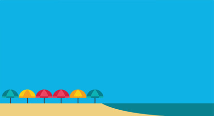 Umbrellas on a beach in summer, with blue sky backdrop; for vacation adverts