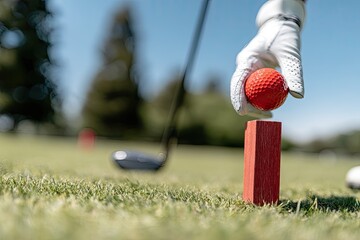 Golf ball placement on tee.  Close-up of a hand in a white glove placing a red golf ball on a red tee.  Golf club visible in background.  Sunny day, green grass