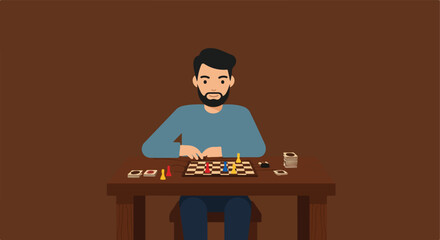 Man playing a board game at the table, strategy and luck, brown background for ads