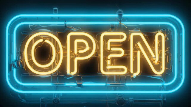 open neon sign on blue background 4k