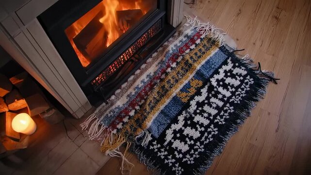 Fireplace with glowing flames in a cozy living room with a colorful woven rug on wooden floor