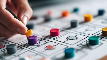 Hand placing yellow token on strategic board with colorful grid and game pieces