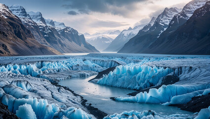 Melting glacier lagoon surrounded by mountains reflecting on water at sunset