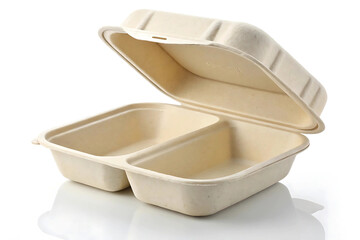 Open Two- Compartment Biodegradable Takeout Container on White Background food container compostable
