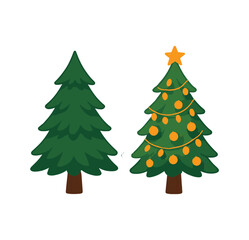 Two decorated and undecorated christmas trees silhouette isolated on white background