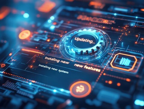 A futuristic interface displays an ongoing update process featuring gears, digital elements, and indicators. The focus is on installing new features and upgrading the system functionalities.