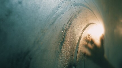 Fototapeta premium Shadowed hand touching reflective curved surface under intense illumination