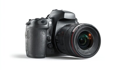 Fototapeta premium A sleek, black DSLR camera with a large, professional lens sits angled slightly to the right against a stark white background, casting a subtle shadow. The 