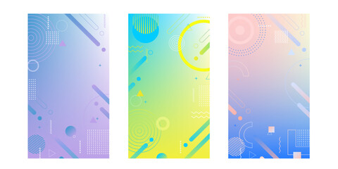 グラデーションと幾何学模様の、トレンドな背景素材セット【縦型】 /　壁紙, バックグラウンド, コピースペース, メンフィス, イラスト, ベクター