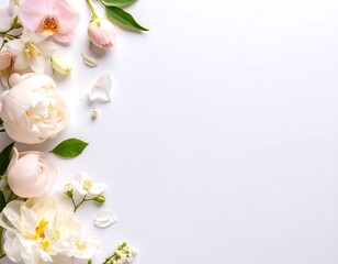 Fototapeta premium Delicate pastel flowers arranged on a white background, leaving ample space