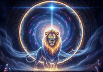 A majestic lion before the Lion's Gate portal. A symbol of power, manifestation, and cosmic energy in August.