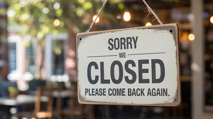 Closed Sign Hanging Outside Business With Blurred Background Of Trees And Lights open shop