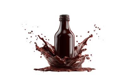 Dark glass bottle with red liquid splash isolated on transparent background