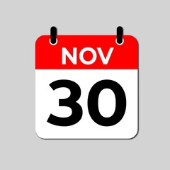 November 30 calendar icon flat design illustration. Calendar template, red and white