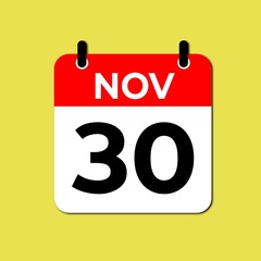 November 30 calendar icon flat design illustration. Calendar template, red and white