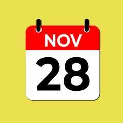 November 28 calendar icon flat design illustration. Calendar template, red and white