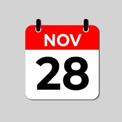 November 28 calendar icon flat design illustration. Calendar template, red and white