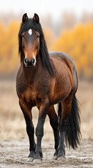 Fototapeta premium Strong brown horse walking through a field in autumn with golden trees in the background under a cloudy sky