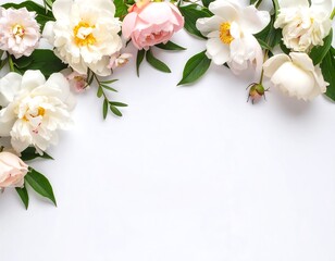 Fototapeta premium Delicate pastel peonies and greenery arranged in a half-frame border on a white background
