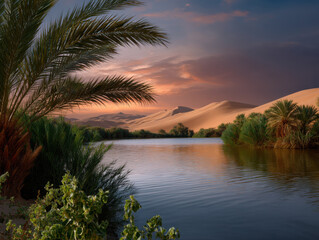 Obraz premium Serene Oasis with Palm Trees and Sunset over a River in a Desert Landscape