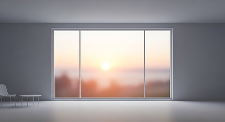 Serene sunrise scene through a minimalist window in a quiet room, promoting tranquility and peace
