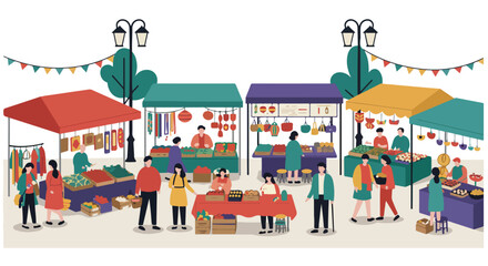Naklejka premium People buying goods at outdoor market, trees, lights in background. Vector use