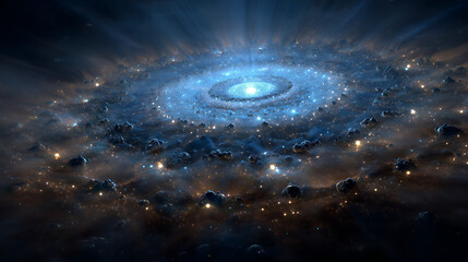 Protoplanetary disk with glowing organic molecules resembling cosmic constellations.