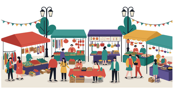 People buying goods at outdoor market, trees, lights in background. Vector use