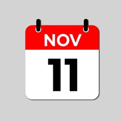November 11 calendar icon flat design illustration. Calendar template, red and white