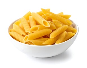Bowl of dried penne pasta, isolated on white