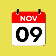 November 9 calendar icon flat design illustration. Calendar template, red and white