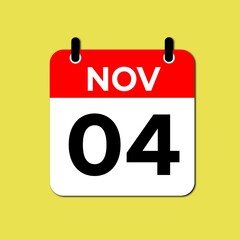 November 4 calendar icon flat design illustration. Calendar template, red and white