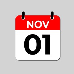 November 1 calendar icon flat design illustration. Calendar template, red and white