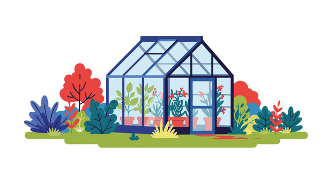 Plants in greenhouse, stylized background, use for eco blog about gardening tips