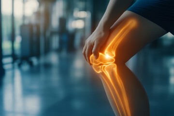 selective focus person bending knee with pulsating joint glow