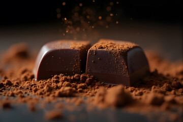 Delicious Dark Chocolate Pieces with Cocoa Powder on Black Background
