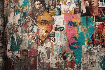 Fototapeta premium Vibrant urban wall adorned with colorful graffiti and posters reflecting street art culture in a lively city environment during daylight hours