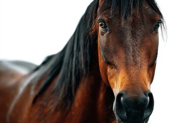 Bay horse standing isolated on a white background showcasing its majestic features and beautiful coat