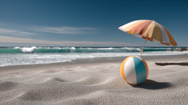 Sunny beach sand ocean blue sky striped umbrella beach ball summer vacation relaxation waves peaceful - Powered by Adobe