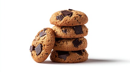 A stack of five golden-brown, chewy chocolate chunk cookies sits on a white background, with a sixth cookie resting beside the stack, showcasing visible 