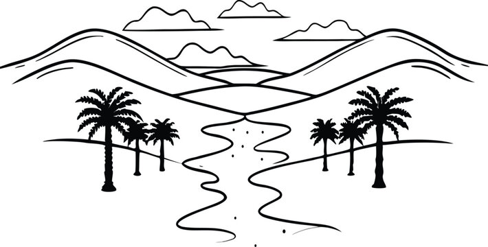 black and white landscape with palm trees clip art preview