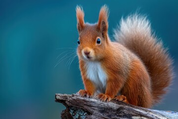 Obraz premium Red squirrel perched on a log while exploring its forest habitat under a clear blue sky during midday