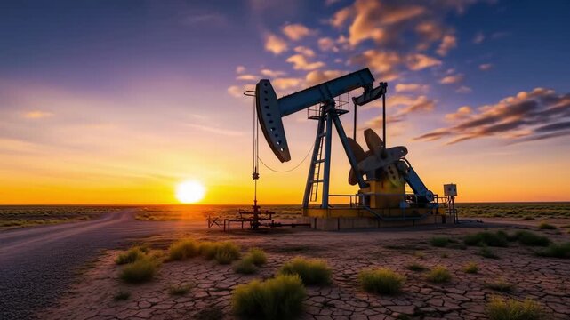 Oil well against setting sun in golden hour. Oil well machinery pumping crude oil from ground, creating energy at sunset with industrial landscape.