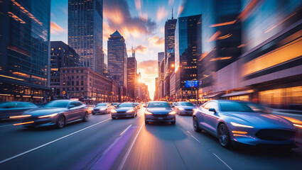Fototapeta premium Blurred Cityscape Traffic During Golden Hour